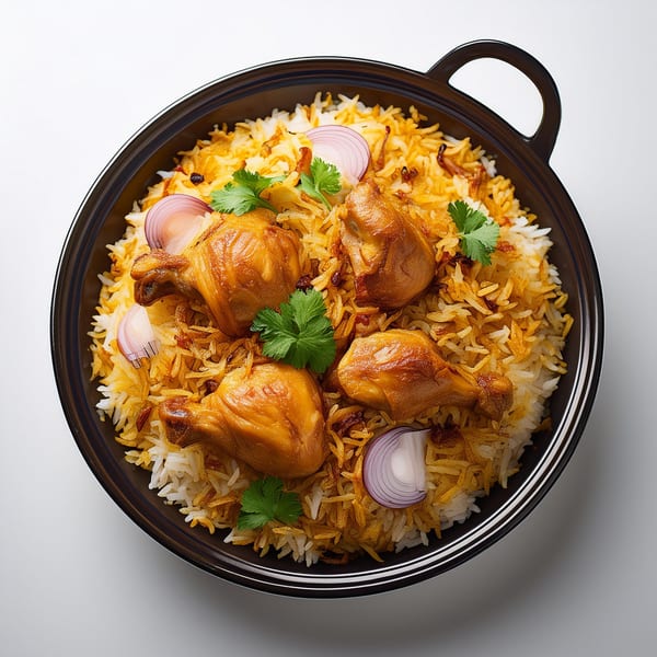 Chicken biryani in a black pot, garnished with onions and cilantro, from Dasara Indian Cuisine.